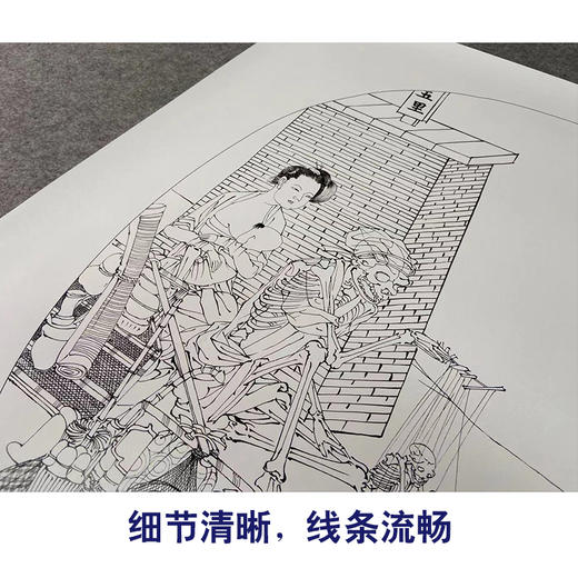【有步骤、大彩图】李晓明工笔画白描底稿圆形小品《骷髅幻戏图》骷髅初学者临摹人物线稿KC18 商品图4