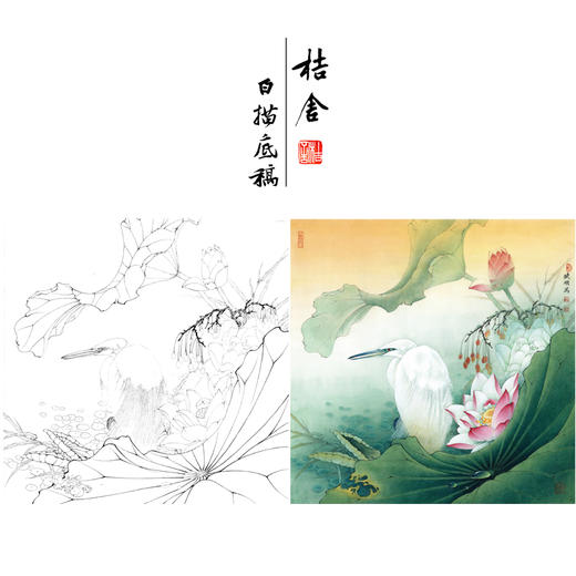 【有步骤、大彩图】李晓明工笔白描底稿斗方《荷花白鹭图》临摹勾线高清打印稿KB14 商品图0