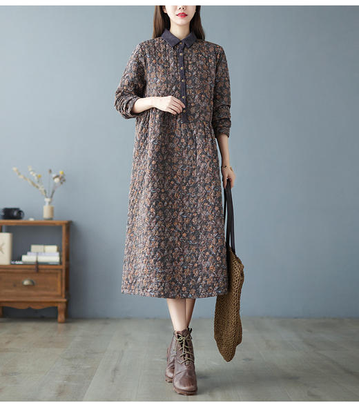GYH  6206夹棉文艺印花舒适休闲时尚棉麻连衣裙 商品图2