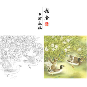 【有步骤、大彩图】李晓明工笔画白描底稿斗方《野鸭凤眼莲》临摹勾线花鸟线稿KB31