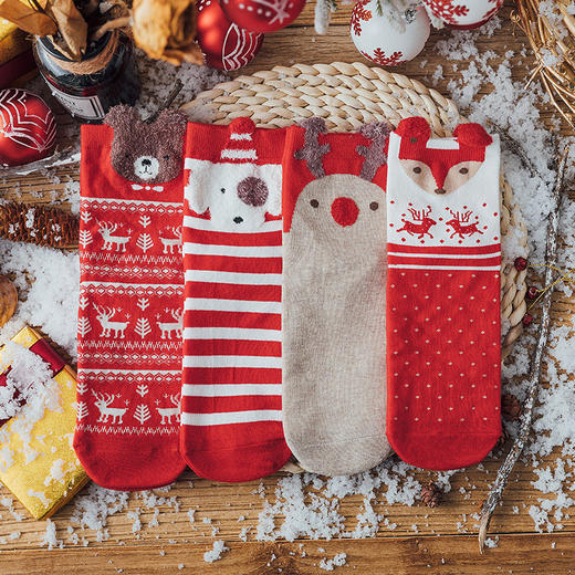 【4双装】圣诞袜女秋冬中筒袜立体卡通麋鹿可爱袜子红色喜庆袜圣诞老人袜 商品图1