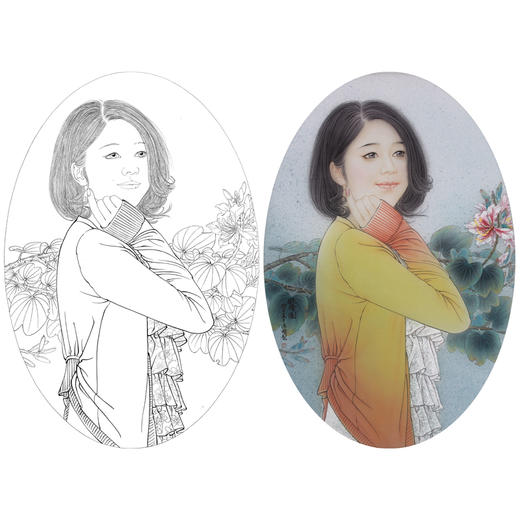 【有步骤、大彩图】盘虎杰工笔画白描底稿现代人物小品《凝香图》初学者临摹人物线稿HJ44 商品图0