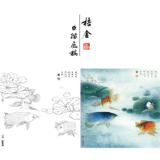 【有步骤、大彩图】李晓明工笔画白描底稿斗方《睡莲金龙鱼》荷花临摹勾线花鸟线稿KB29 商品图0