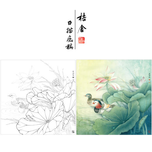 【有步骤、大彩图】李晓明工笔白描底稿斗方小品《鸳鸯荷花图》初学者临摹花鸟线稿KB08 商品图0
