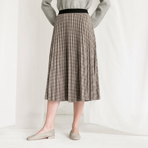 Famecoco范可儿复古格纹半身裙冬季百褶裙女士F218HA010 商品图1