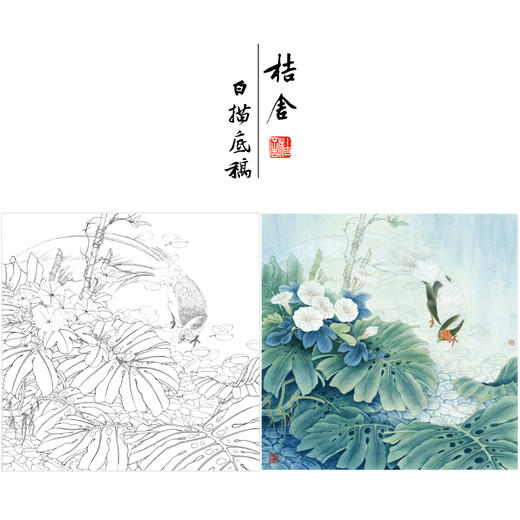 【有步骤、大彩图】李晓明工笔画白描底稿斗方《白鹇龟背竹》初学者高清打印稿KB27 商品图0
