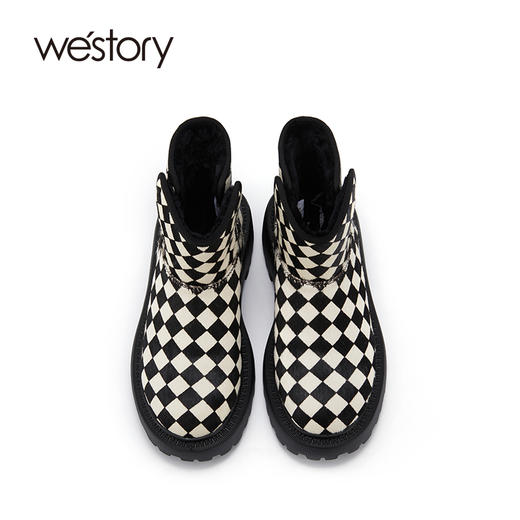 westory冬季厚底棋盘格雪地靴短筒洋气保暖靴子撞色真皮短靴女W21DS81601 商品图2