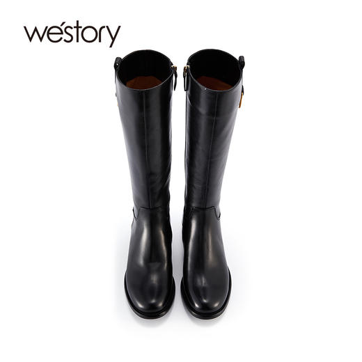 westory2021秋冬新军旅风骑士靴复古擦色高筒靴小牛皮圆头质感女W21DQ81091 商品图2