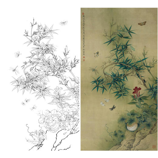 【有步骤、大彩图】李晓明工笔画白描底稿《意临宋人竹虫图轴》翠竹初学者临摹花鸟线稿KC23 商品图0