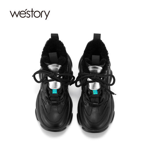 westory真皮加绒厚底拼接线条感休闲鞋高帮保暖ins潮老爹鞋女W21DS81571 商品图2