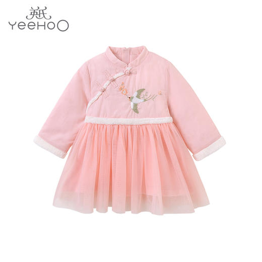 英氏-童衣类（冬）E1唐梭长袖连衣裙灰橘粉100CM 商品图0