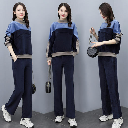 HR  KSM8119加厚双面丝绒休闲运动拼色套装 商品图1