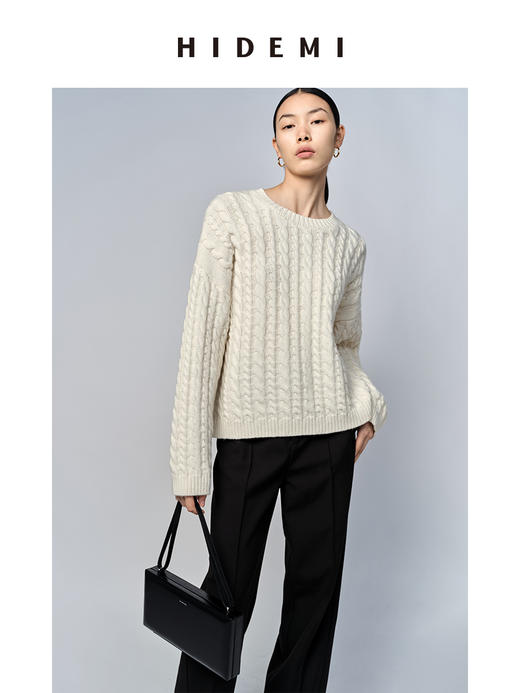 HIDEMI 美利奴羊毛系列原白色绞花粗针厚款圆领毛衣 商品图4