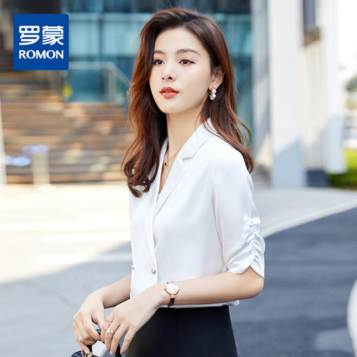 罗蒙衬衫女短袖夏季薄款西装领双排扣通勤气质女士衬衣 商品图9