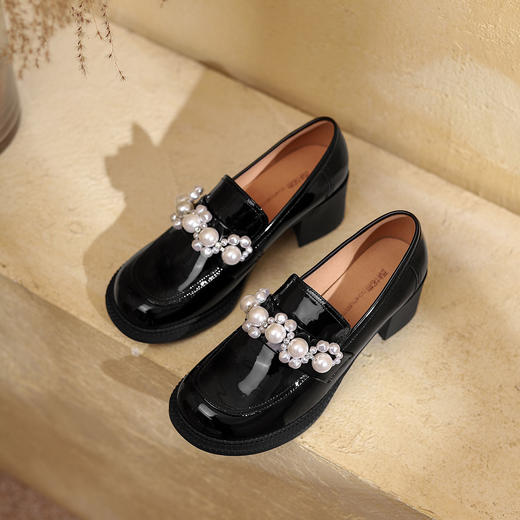 西村名物2021秋冬新款复古英伦小皮鞋韩版珍珠一脚蹬增高仙女乐福鞋T22AM16791 商品图2