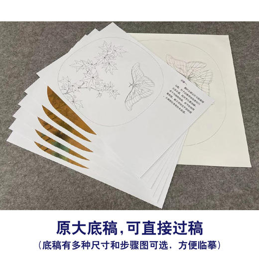 【有步骤、大彩图】李晓明工笔画白描底稿圆形小品《青枫巨蝶图》蝴蝶枫树初学者临摹花鸟线稿KC35 商品图1