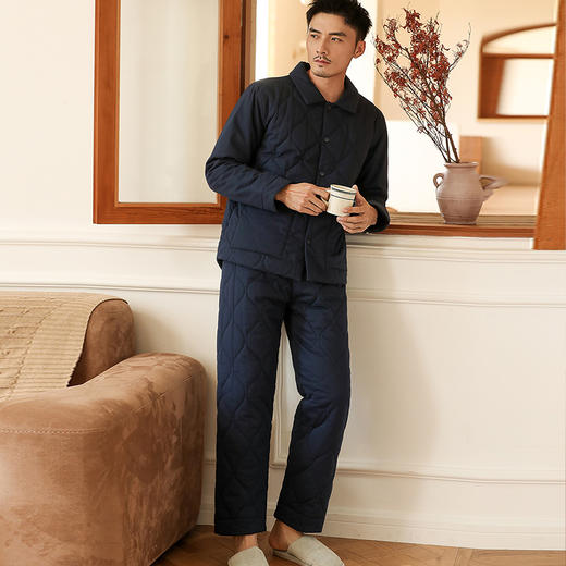 康妮雅睡衣家居服 男式长袖长裤开襟套装 *夜蓝 厚款 商品图4