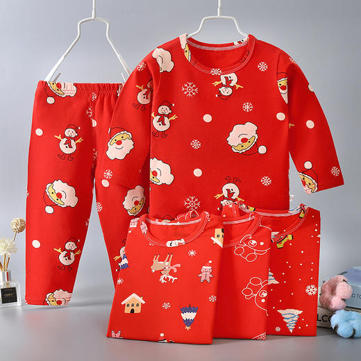 【圣诞套装】儿童过年喜庆大红色男孩女孩秋衣秋裤套装内衣婴幼儿保暖衣本命年 商品图0