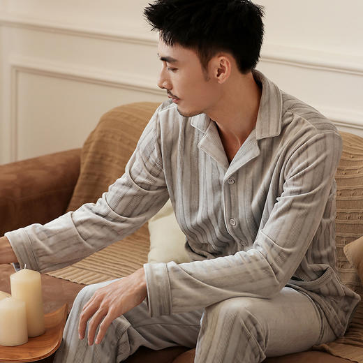 康妮雅睡衣家居服 男式长袖长裤开襟套装*双色可选 中厚 商品图3