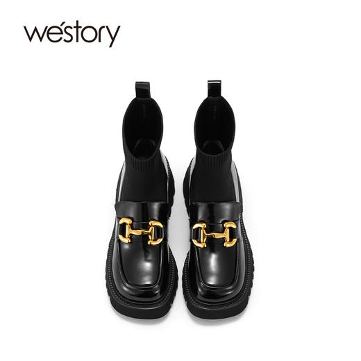 westory英伦风袜靴加绒冬季新款瘦瘦靴短靴真皮弹力靴粗厚底显高81581 商品图2