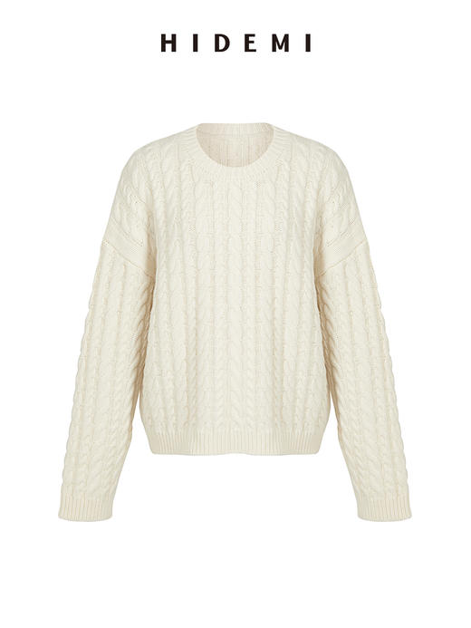HIDEMI 美利奴羊毛系列原白色绞花粗针厚款圆领毛衣 商品图6