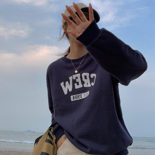 含棉2021年秋装新款字母印花长袖T恤外穿内搭宽松圆领卫衣女上衣 商品图1