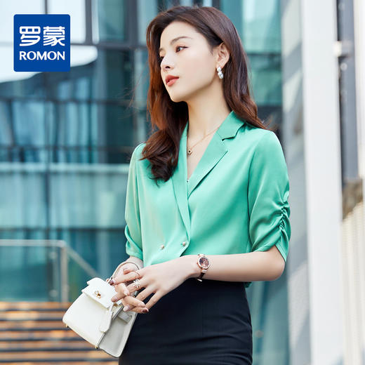 罗蒙衬衫女短袖夏季薄款西装领双排扣通勤气质女士衬衣 商品图6