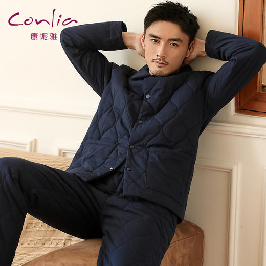 康妮雅睡衣家居服 男式长袖长裤开襟套装 *夜蓝 厚款 商品图1