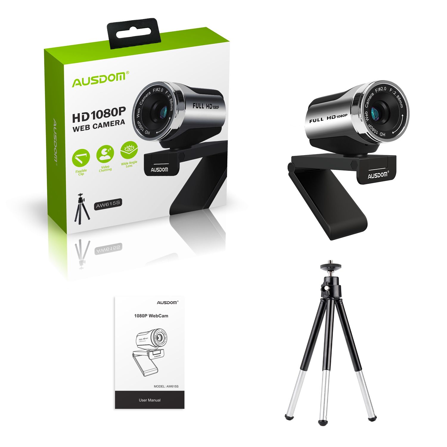 Full HD 1080P Wide Angle View Webcam with Anti-distortion, AUSDOM AW61
