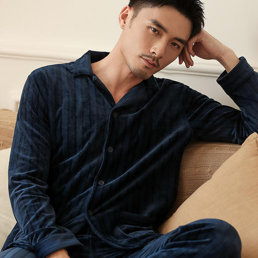 康妮雅睡衣家居服 男式长袖长裤开襟套装*双色可选 中厚 商品图4