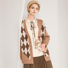 Famecoco范可儿v领毛衣外套开衫女学院风上衣冬F218DA001