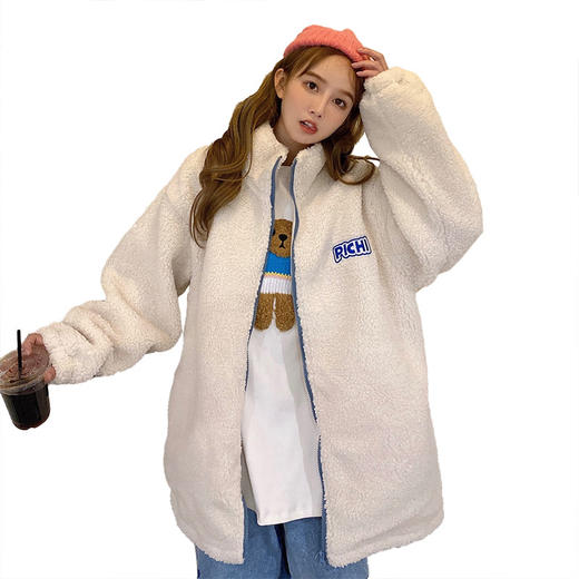 新款羊羔绒时尚百搭卫衣女冬开衫外套韩版高领加绒加厚大码立领卫衣女外套 商品图4