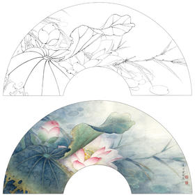 【有步骤、大彩图】李晓明工笔画白描底稿扇面小品《荷塘晓雾》荷花初学者临摹花鸟线稿KE01