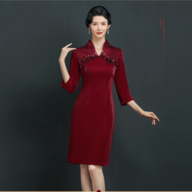 上海旗袍厂NBL-NZ310丈母娘旗袍连衣裙喜妈妈嫁女儿婚礼宴会改良礼服酒红色秋款