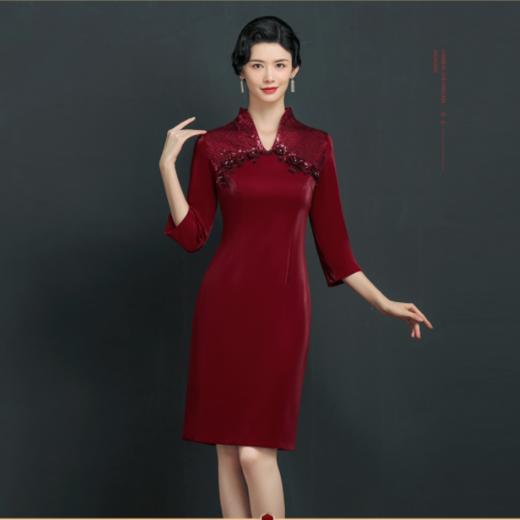 上海旗袍厂NBL-NZ310丈母娘旗袍连衣裙喜妈妈嫁女儿婚礼宴会改良礼服酒红色秋款 商品图0