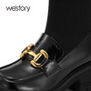westory英伦风袜靴加绒冬季新款瘦瘦靴短靴真皮弹力靴粗厚底显高81581 商品缩略图1