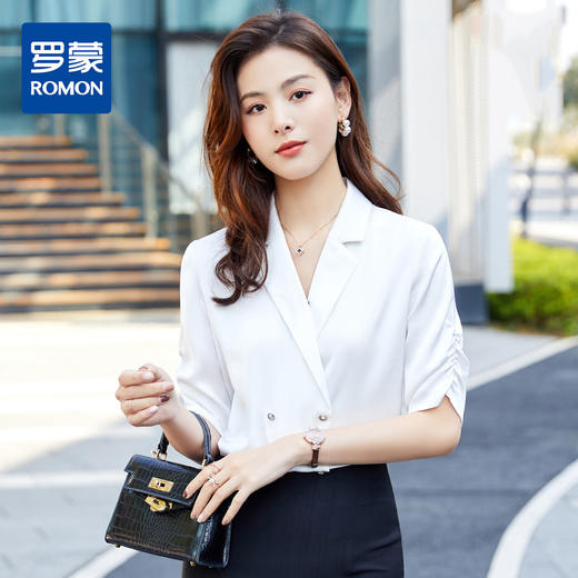 罗蒙衬衫女短袖夏季薄款西装领双排扣通勤气质女士衬衣 商品图2