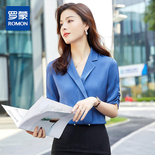 罗蒙衬衫女短袖夏季薄款西装领双排扣通勤气质女士衬衣 商品图5
