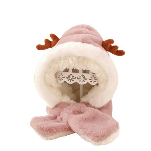 儿童帽子围巾一体加绒加厚可爱男童女童卡通鹿角宝宝套头帽 商品图4