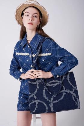 牛仔织布树枝图案托特包