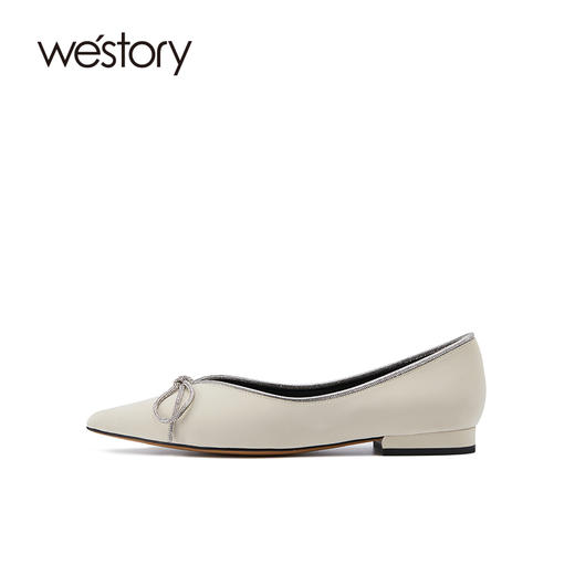 westory气质亮钻蝴蝶结尖头单鞋纯色真皮平底鞋一脚蹬浅口女鞋S22AE54231 商品图0