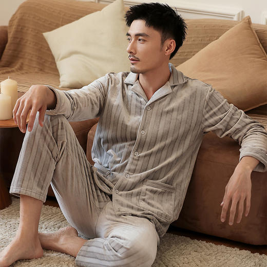 康妮雅睡衣家居服 男式长袖长裤开襟套装*双色可选 中厚 商品图1