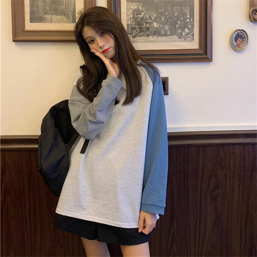 新款时尚百搭撞色薄款拼接设计感卫衣女秋甜酷上衣拼色长袖打底衫女装 商品图0