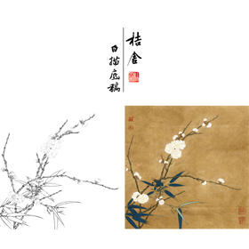 【有步骤、大彩图】李晓明工笔画白描底稿斗方小品《梅竹双友图》梅花初学者临摹花鸟线稿KC32