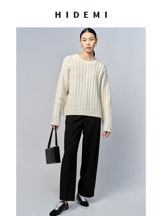 HIDEMI 美利奴羊毛系列原白色绞花粗针厚款圆领毛衣 商品图3
