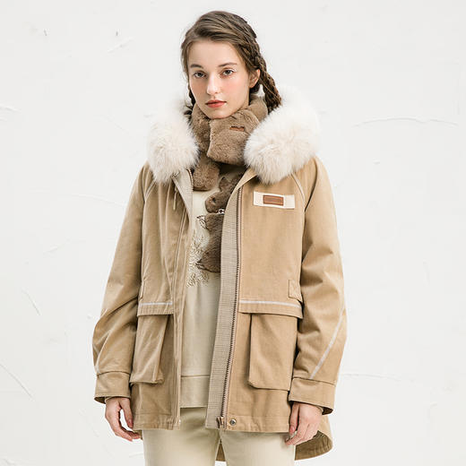 famecoco范可儿大毛领派克服女冬季品牌工装羽绒服中长款女士外套F218AD004 商品图1