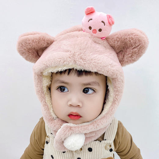 儿童帽子围巾一体加绒加厚可爱男童女童卡通鹿角宝宝套头帽 商品图5