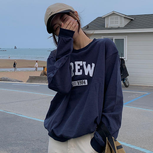 含棉2021年秋装新款字母印花长袖T恤外穿内搭宽松圆领卫衣女上衣 商品图2