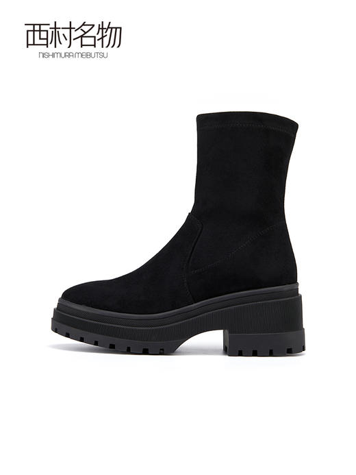 西村名物2021冬季新款瘦瘦靴黑色厚底弹力靴女气质显瘦短靴X21DS45361 商品图1