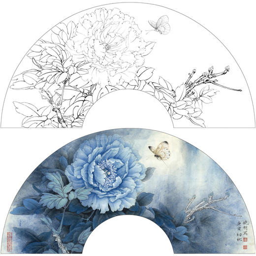 【有步骤、大彩图】李晓明工笔画白描底稿扇面小品《白蝶蓝田玉》牡丹蝴蝶初学者临摹花鸟线稿KD07 商品图0